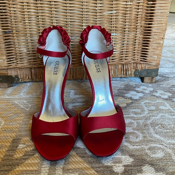 GUESS Red Satin Ankle Strap Heels - Picture 8 of 8